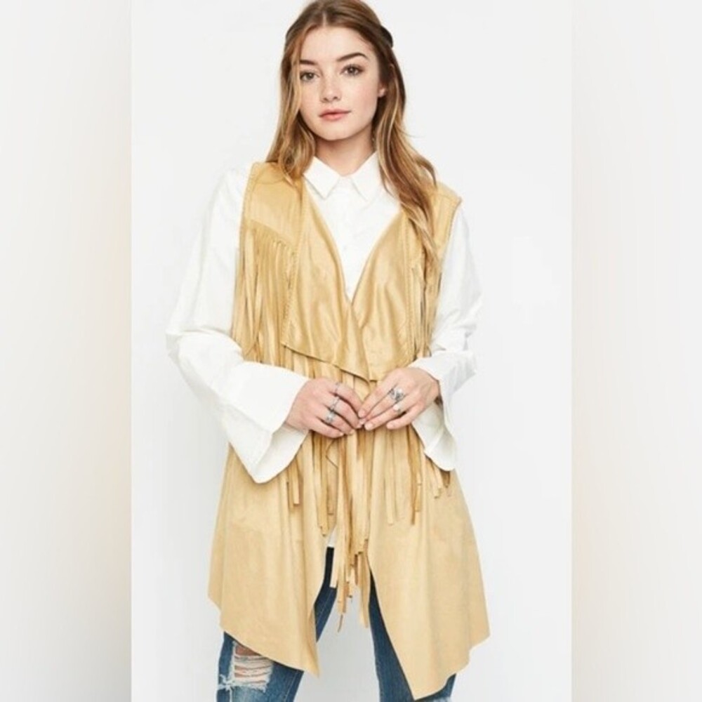 Hayden LA tan vegan suede fringe waterfall vest NWT size M/L
